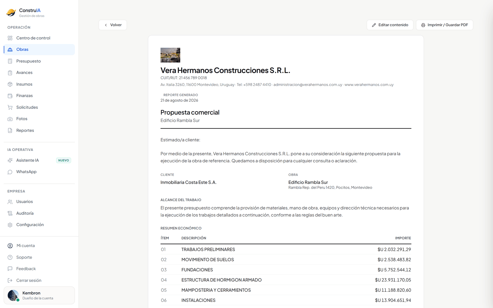 Presupuesto al cliente en PDF generado por ConstruIA.