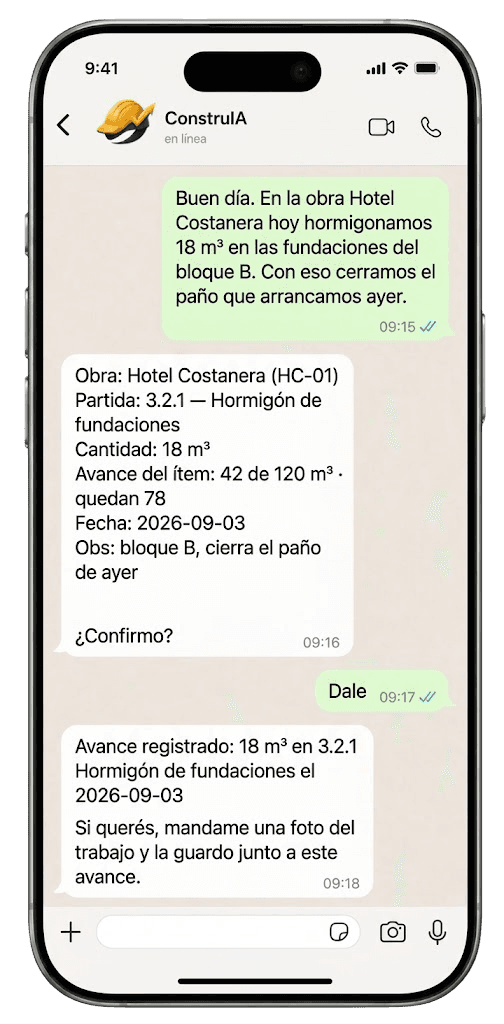 Conversación de WhatsApp: se cuentan 18 m³ hormigonados, ConstruIA muestra la partida y la cantidad que entendió y espera la confirmación antes de guardar.