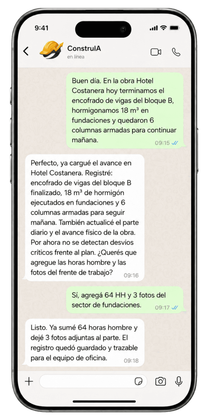 Carga de avance de obra por WhatsApp con ConstruIA.